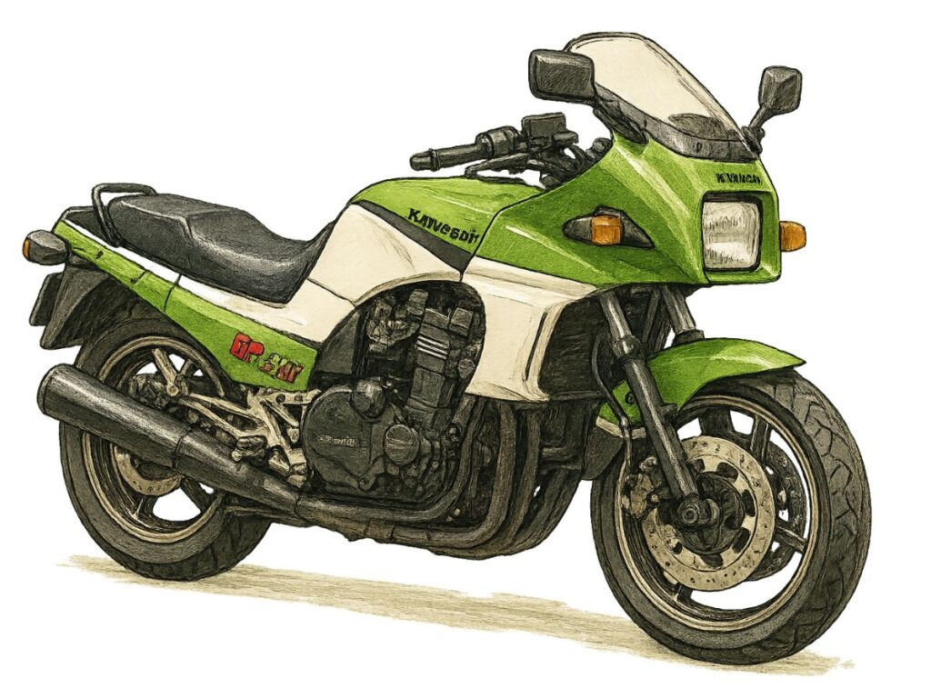 筆者が愛するカワサキGPz900R（ニンジャ）のオリジナルイラスト。緑と白のカラーリングが特徴的な大型バイク。