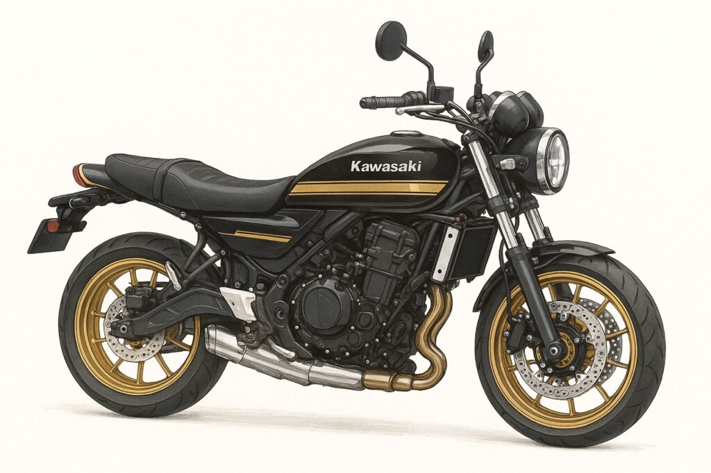 軽量で扱いやすい人気の大型バイク、カワサキ Z650RS のオリジナルイラスト。ブラックの車体にゴールドのホイールが映える。