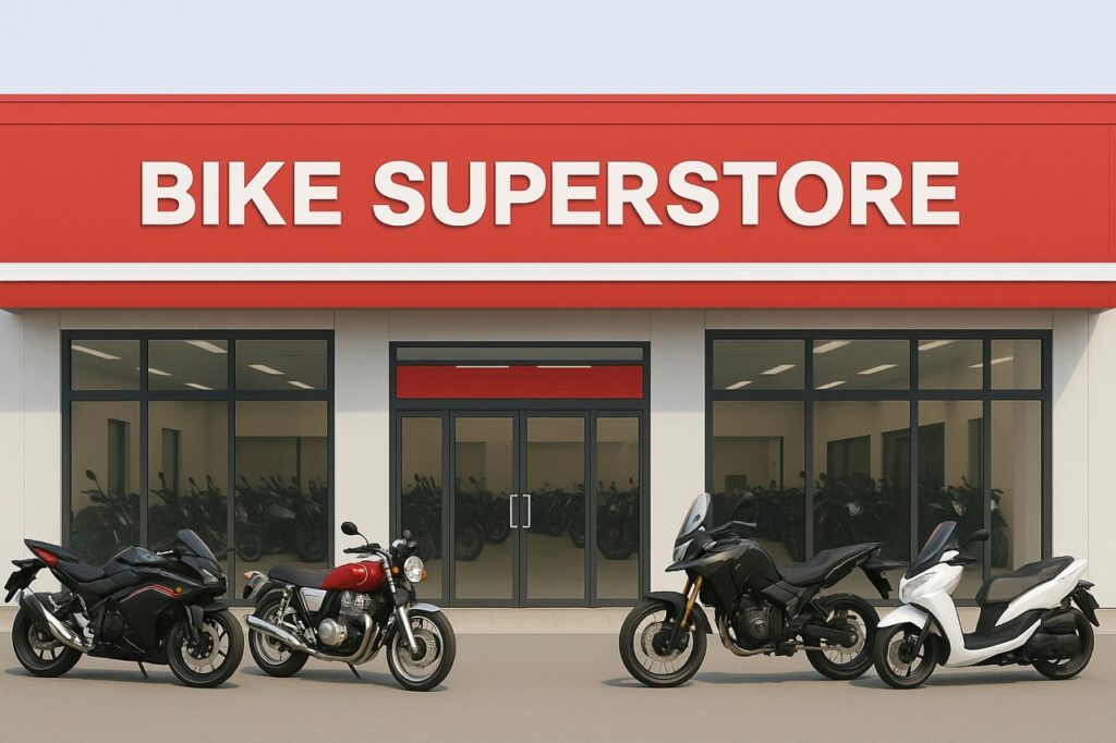 大型バイク量販店の外観と店頭に並ぶスポーツバイク・スクーターのイメージ画像