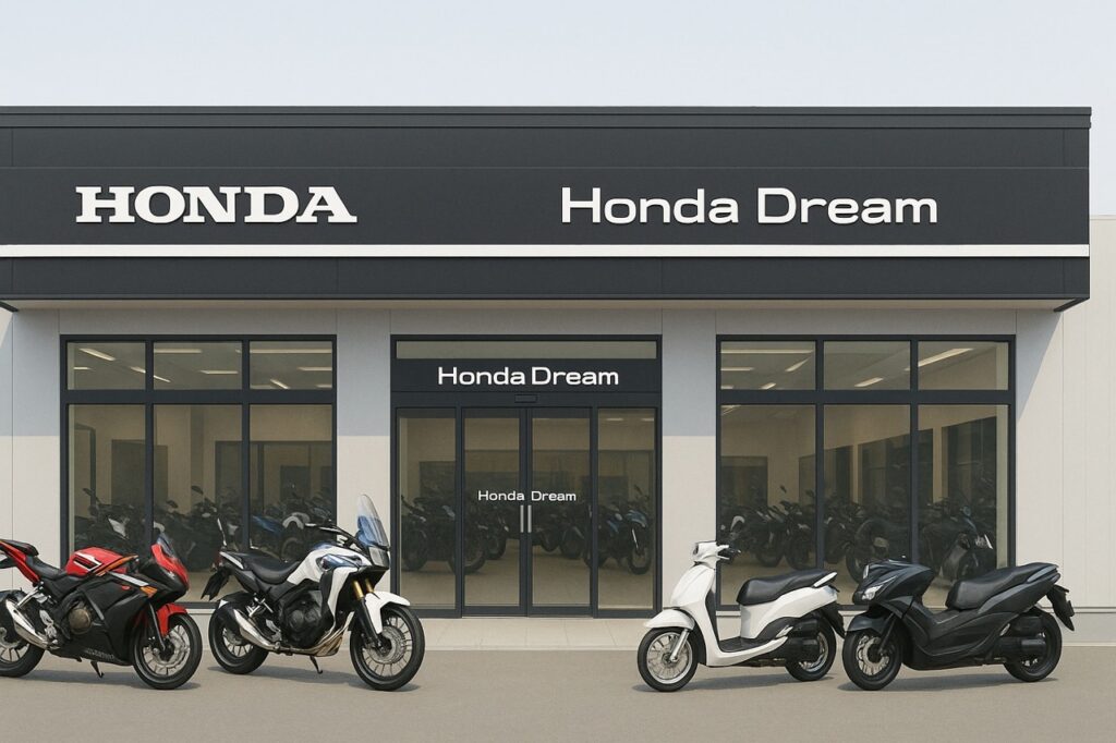 ホンダドリーム店舗の外観と展示バイクのイメージ｜スーパーカブ購入に最適な正規販売店