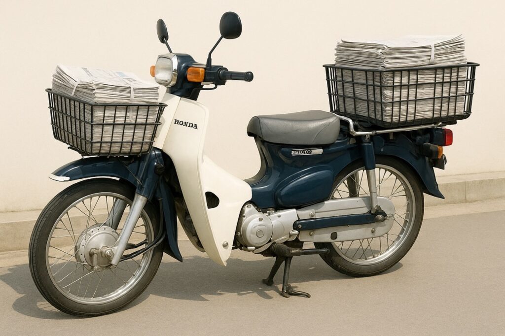Newspaper delivery version of Honda Super Cub parked with front and rear baskets full of newspapers in Japan.