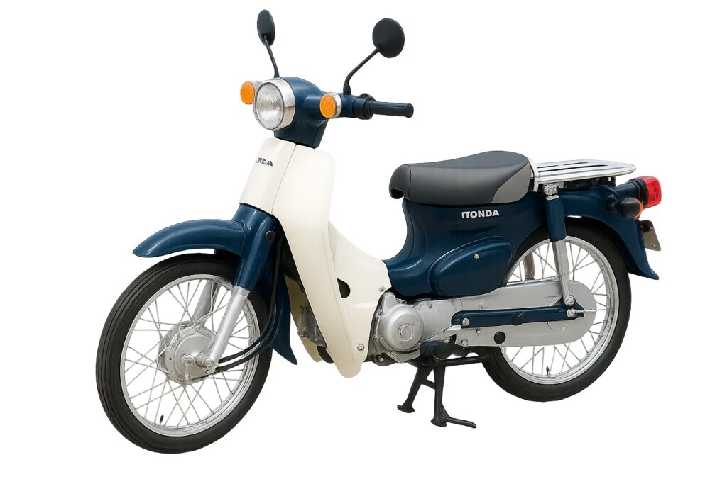 Classic Honda Super Cub with round headlight, cutout image on white background, no people