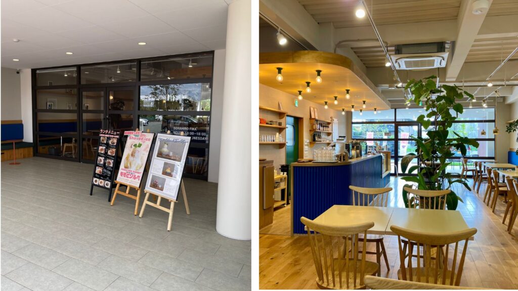 熊本市にあるライダーにも優しいカフェ「SORAHIRO FIKA」の外観と、温かみのある木目調の店内インテリアを組み合わせた写真。