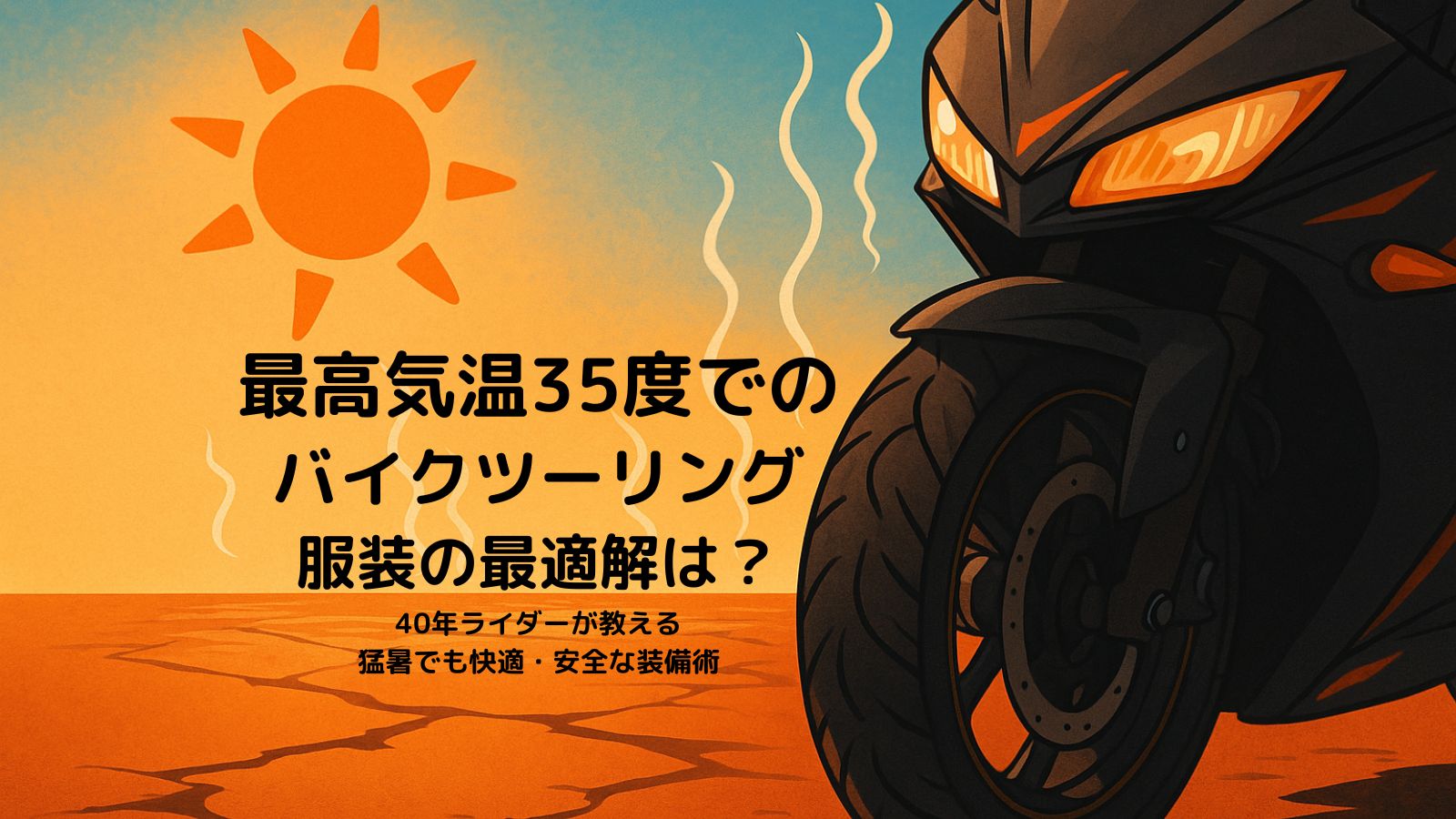 炎天下のアスファルト上に停車するバイクと35度の猛暑をイメージしたイラスト。猛暑日ライディングの過酷さを表現。