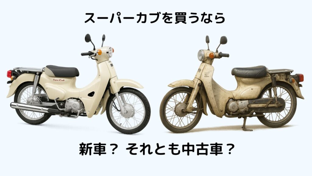 新車のスーパーカブと10年使用された中古のスーパーカブを比較したイメージ。購入時の参考に。