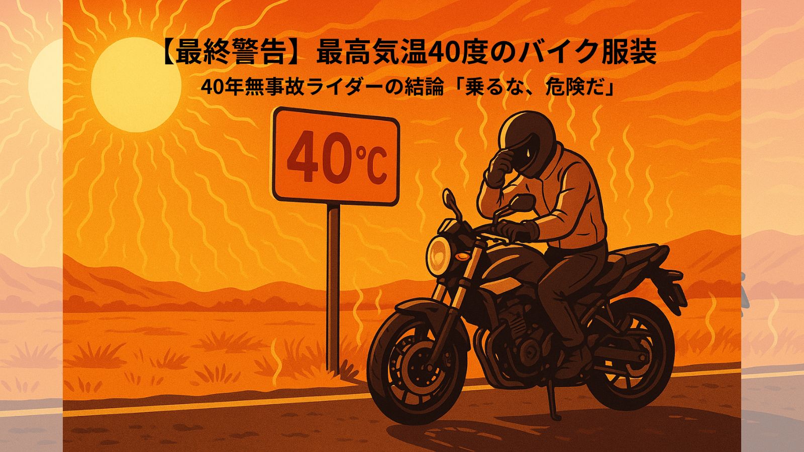 最高気温40度、バイクに乗るライダーに最終警告。熱中症を超えた危険、適切な服装と対策の重要性を示すイラスト。