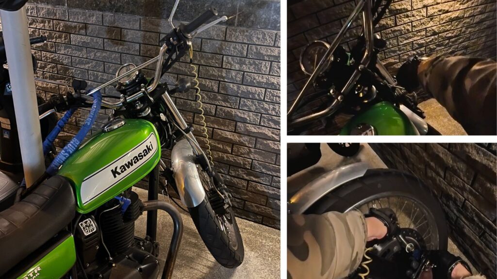 3重ロックを支える最強の防犯グッズ。ベテランが推奨する極太チェーンロック(地球ロック用)とアラーム付きディスクロックの装着実例画像