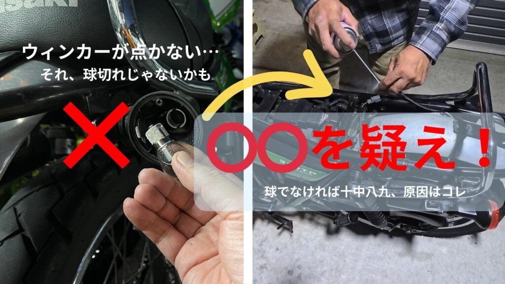 250TRのウインカーが点かない・ハイフラの原因は球切れではない。「◯◯を疑え！」の文字と、真犯人であるカプラー清掃修理の様子を示すアイキャッチ画像。