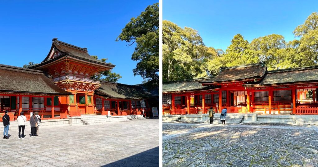 Upper Shrine (left) and Lower Shrine (right) at Usa Jingu Shrine in Japan