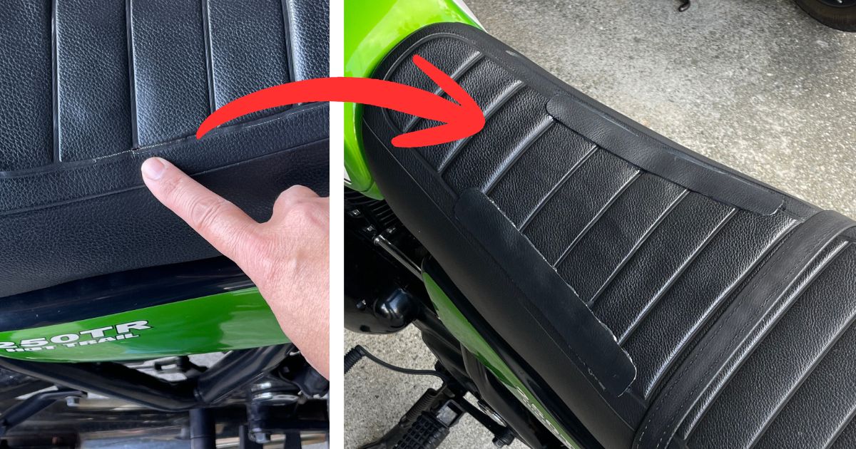 バイクのシートに発生した裂け目を指さす施工前と、合成皮革で補修を完了した施工後の比較写真。250TRを用いて2万km以上の耐久性を実証したリペア術のビフォーアフターです。