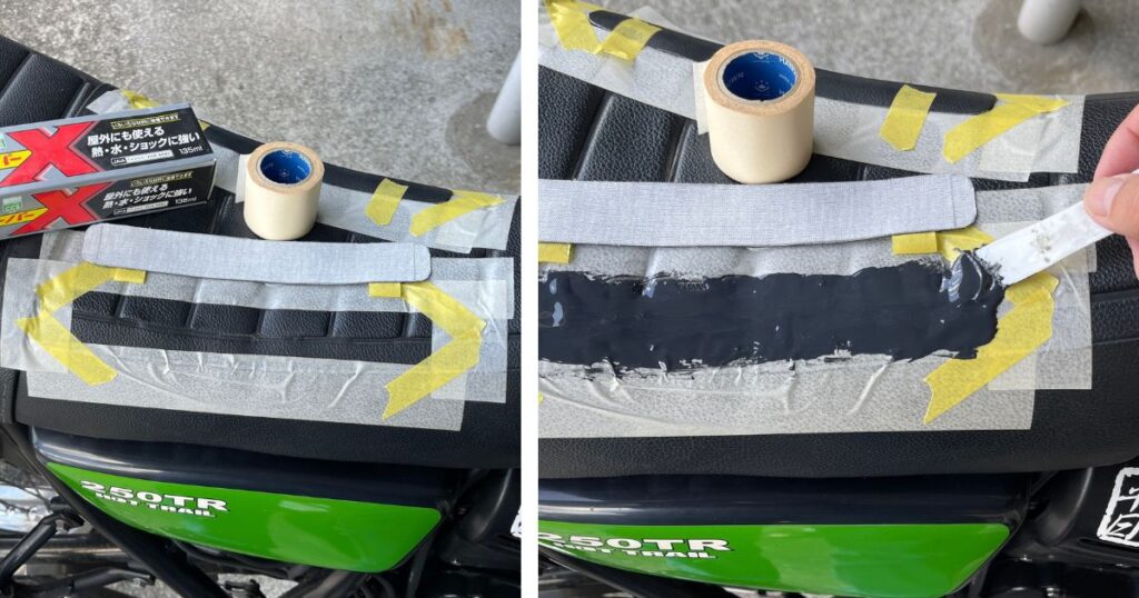 マスキングテープで養生した250TRのバイクシートに、ヘラを使って黒い接着剤を塗布するリペア作業の様子。
